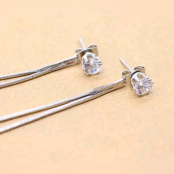 Diamond Dangle Tassle Earrings Long Double Chain - Picture 3 of 6